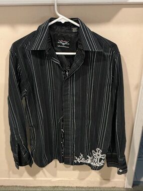 Fender Black Pinstripe Rock & Roll Shirt with White Embroidery size Small